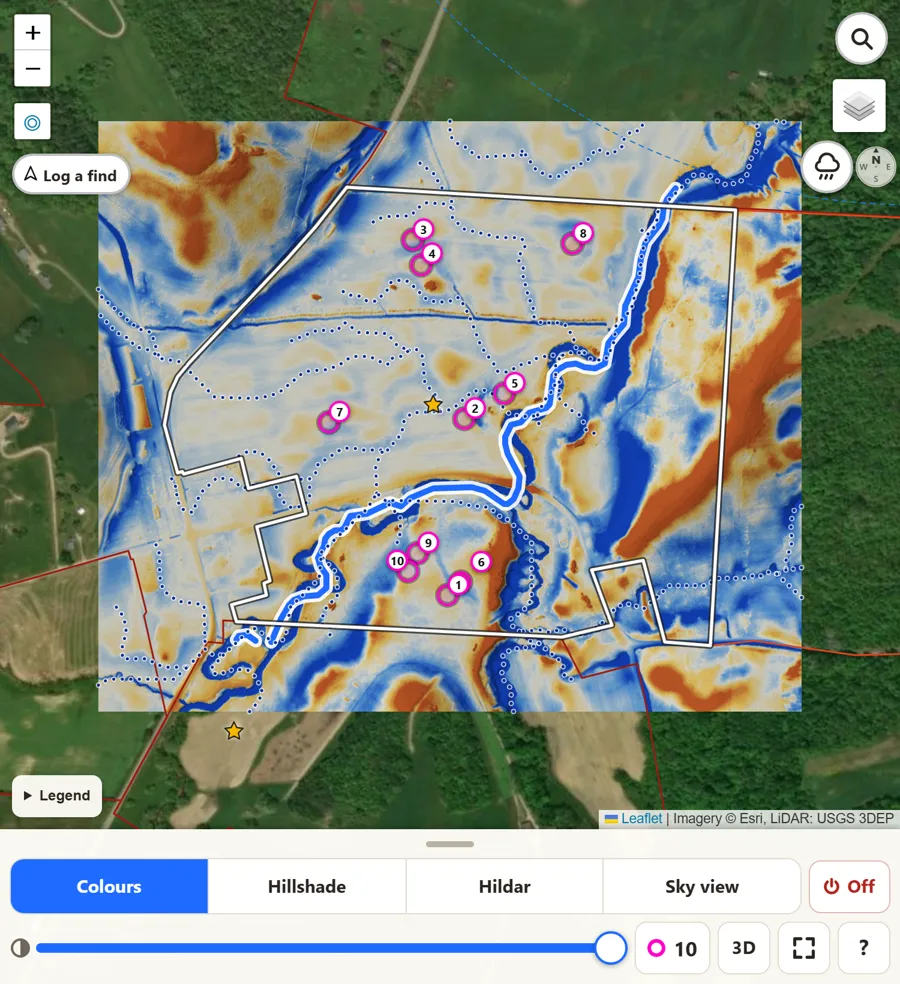 LiDAR Colours map of a field: blue marks lower ground such as old creek channels, gold and orange mark higher ground, with magenta hot spots.
